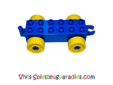 Lego Duplo car base 2 x 6 with yellow wheels with false screws and open clutch end (11248c01) blue