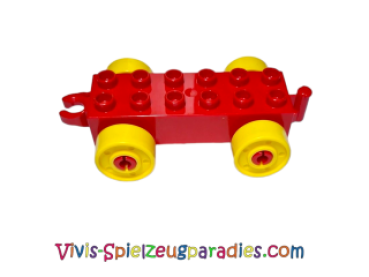 Lego Duplo car base 2 x 6 with yellow wheels with false screws and open clutch end (11248c01) red