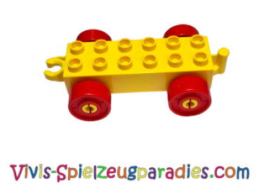 Duplo Auto Base 2 x 6 mit roten Rädern mit falschen Schrauben und offenem Kupplungsende (11248c02) gelb