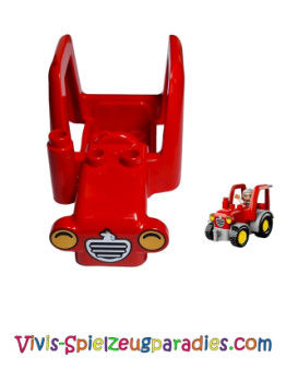 Lego Duplo body tractor with 2 studs, exhaust pipe, radiator with rabbit and headlight pattern (15581pb001) red