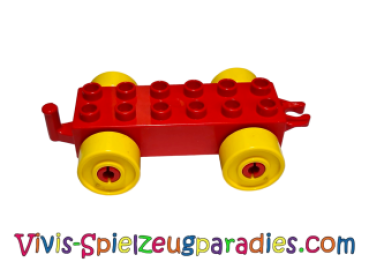 Lego Duplo car base 2 x 6 with yellow wheels and open coupling end (2312c01) red