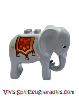 Lego Duplo elephant with square eyes, white tusks and red blanket with golden stars and tassel pattern (31159c01pb04)