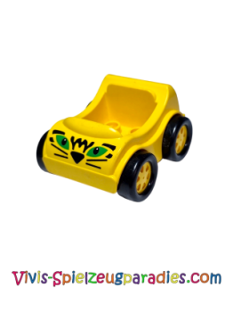 Lego Duplo car with molded yellow wheels and black smooth tires with green eyes, black nose, whiskers and marking pattern.  (31363c02pb05]