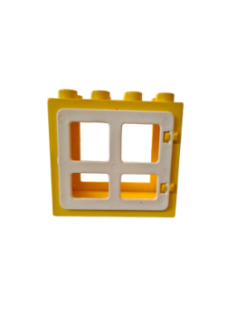 Lego brick yellow Duplo door frame flat front with white window with four panes square corners (2206, 4253)