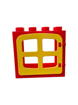 Lego brick yellow Duplo door frame flat front with window pane 1 x 4 x 3 with 4 pane yellow (28096, 4253) red