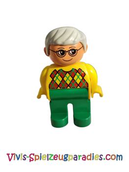 Lego Duplo Figur , männlich, Großvater, grüne Beine, gelber Argyll-Pullover, graue Haare, Brille (4555pb213)