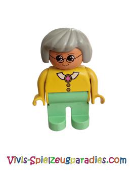 Lego Duplo figure, grandmother female, medium green legs, yellow blouse with collar, gray hair, glasses (4555pb084)