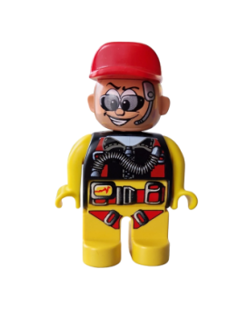 Lego Duplo Toolo man yellow black racer action wheeler cap baseball cap red sunglasses headset (4555pb091)