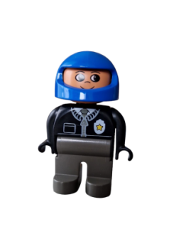 Lego Duplo man policeman trousers old-dark gray jacket black full helmet blue police motorcycle rider (4555pb135)