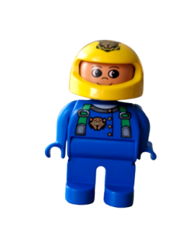 Lego Duplo  Mann  Rennfahrer Hose Jacke blau Overall mit Tiger Logo Hosenträger Voll Helm gelb Auto Pilot Rennwagen (4555pb141)