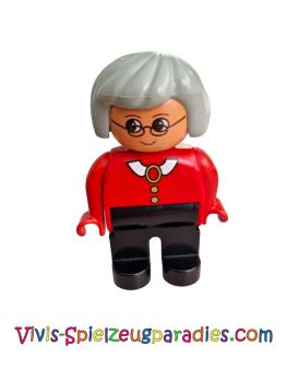 Lego Duplo figure, grandmother female, black legs, red blouse with white collar, gray hair, glasses (4555pb212)