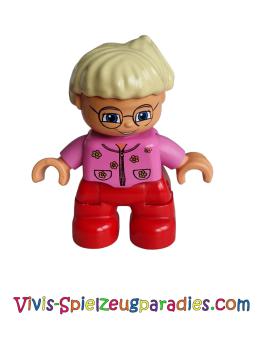Lego Duplo Ville, child girl, red legs, dark pink top with flowers, light blonde hair with ponytail, glasses (47205pb006)