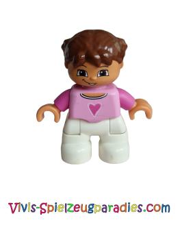 Lego Duplo Ville, child girl, white legs, bright pink top, dark pink arms, reddish-brown hair with braids (47205pb008)