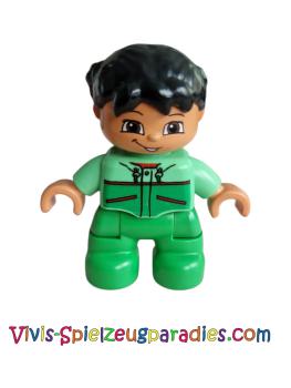 Lego Duplo Ville, child girl, white legs, light green legs, medium green top with red trim, black hair (47205pb009)