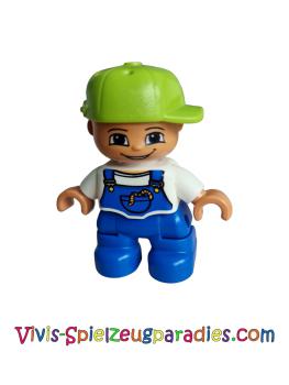 Lego Ville Duplo figure , child boy, blue legs, white top with blue overall, worms in the pocket, hat lime (47205pb02)