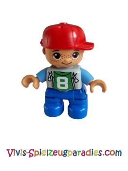Lego Ville Duplo figure , child boy, blue legs, light blue-grey top with the number 8, medium blue arms, red cap, freckles (47205pb026a)