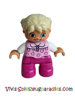 Lego Duplo Ville, Kind Mädchen, magentafarbene Beine, leuchtend rosa Oberteil mit Blumen, weiße Arme, hellbraunes Haar mit Zöpfen (47205pb028)