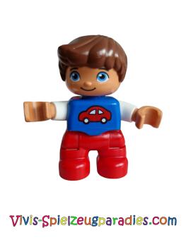 Lego Ville Duplo figure, child boy, red legs, blue top with red car pattern, red-brown hair (47205pb031)