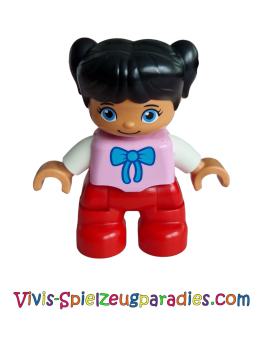 Lego Duplo Ville, child girl, red legs, bright pink top with bow tie, black hair with braids (47205pb032)