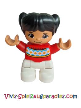 Lego Duplo Ville, child girl, white legs, red Fair Isle sweater with orange diamonds, brown eyes with cheek outline, black pigtails (47205pb036)