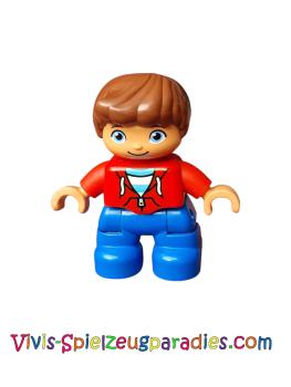 Lego Duplo male, boy, blue legs, red top with zipper and pockets, red-brown hair (47205pb056)