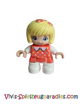 Lego Duplo Ville, child girl, white legs, coral top with polka dot pattern, white arms, light yellow hair with bow (47205pb070)