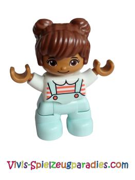 Lego Duplo Ville, Kind Mädchen,  helle Aqua-Beine, weißes Oberteil mit Korallenstreifen, rotbraune Haare (47205pb071)