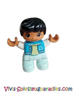 Lego Ville Duplo figure , Child boy, Light aqua legs, Medium azure blue jacket, Light yellow shirt, White arms, Black hair (47205pb074)