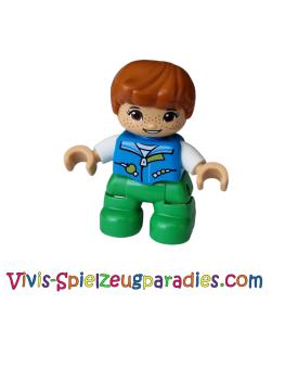 Lego Duplo figure child girl, light green legs, dark azure blue vest, white shirt, dark orange hair, hearing aids (47205pb097)