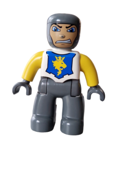 Lego Duplo Ritter Hose dunkel grau Oberteil weiss gelb mit Löwen Kopf und Krone Hände neu-dunkel grau (47394pb005)