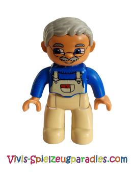 Lego  Duplo Figur , männlich, Großvater, hellbraune Beine, blaues Oberteil mit hellbraunem Overall Lätzchen, Brille, hellbläulich-graue Haare (47394pb011b)
