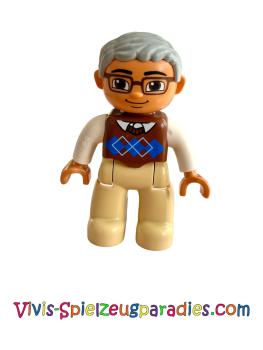 Lego Duplo figure, male, grandfather, brown legs, red-brown argyle sweater, white arms, light gray hair, glasses (47394pb174)
