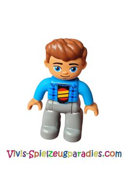 Lego Duplo male, dark blue-grey legs, dark azure blue jacket, black shirt, red-brown hair (47394pb246)