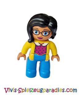 Lego Duplo figure, female dark azure legs, yellow jacket, magenta top, black hair (47394pb248)