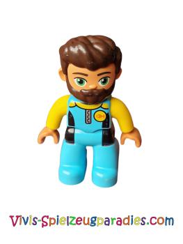 Lego Duplo Diver male, medium azure blue diving suit, yellow arms, dark brown hair, beard (47394pb268)