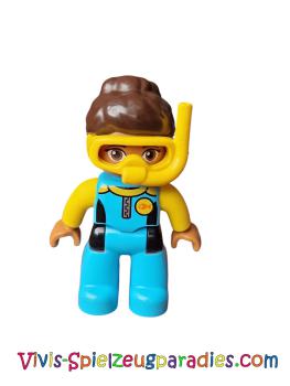 Lego Duplo Diver female, medium azure blue diving suit, yellow arms, dark brown hair, yellow diving mask (47394pb269)