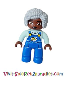 Lego Duplo figure Grandma blue legs with overall, bee and daisy (47394pb357)