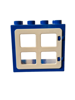 Lego Duplo door / window frame 2 x 4 x 3 flat front surface, completely open at the back with white window pane with 4 equally sized panes (90265, 61649) blue