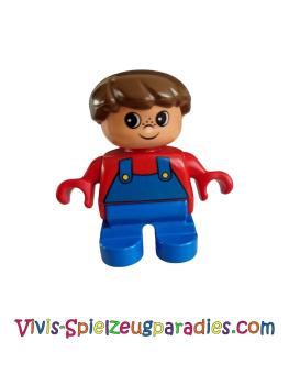 Lego Duplo figure, child boy, blue legs, red top with blue overall, brown hair (6453pb005)
