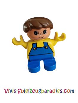 Lego Duplo figure , child boy, blue legs, yellow top with blue overall, brown hair (6453pb006)