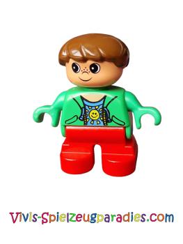 Lego Duplo male, boy, red legs, green top with sun pattern shirt, brown hair (6453pb008)