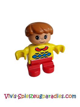 Lego Duplo figure, child boy, child type 2 boy, red legs, yellow sweater with red collar (6453pb010)
