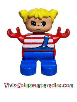 Lego Duplo figure, child type 2 girl, blue legs, red top with white stripes, yellow hair braids (6453pb033)