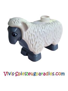 Lego Duplo Schaf, Lamm mit stehenden Ohren, dunkelblaugrauem Gesicht, Brust, Bauch und Füßen (6678PB01)