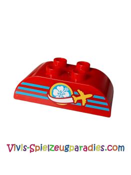 Lego Duplo, brick 2 x 4 circle with yellow airplane, middle azure blue stripes and white flower pattern (98223pb012)