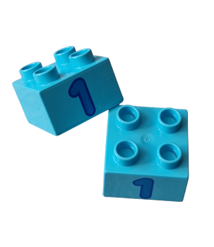 Lego Duplo construction brick medium azure light blue 2x2 printed No.1 dark azure blue (3437pb062)