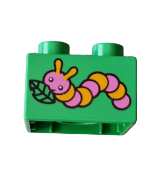 Lego Duplo brick bright light green 2x2 printed caterpillar with leaf (3437pb059)
