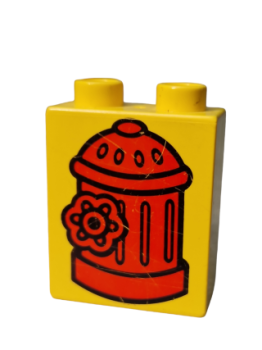 Lego Duplo brick yellow 1 x 2 x 2 with hydrants (4066pb062)