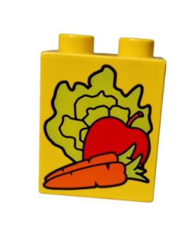 Lego Duplo brick 1x2x2 printed lettuce, apple and carrots (4066pb069)