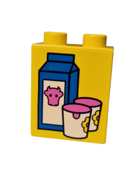 Lego Duplo brick yellow 1x2x2 milk carton with cow and glasses (4066pb066)